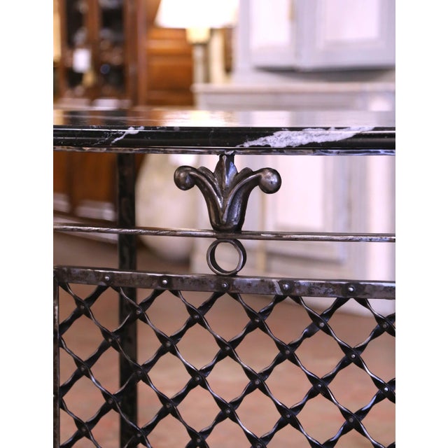 Black Pair of 19th Century French Marble Top Polished Iron Bow Front Console Tables For Sale - Image 8 of 11