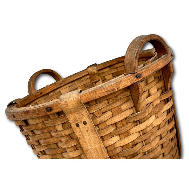 Large Size Substantially Made Antique American Hand Woven Ash Wood Splint Maine Apple Farm Basket For Sale - Image 13 of 18
