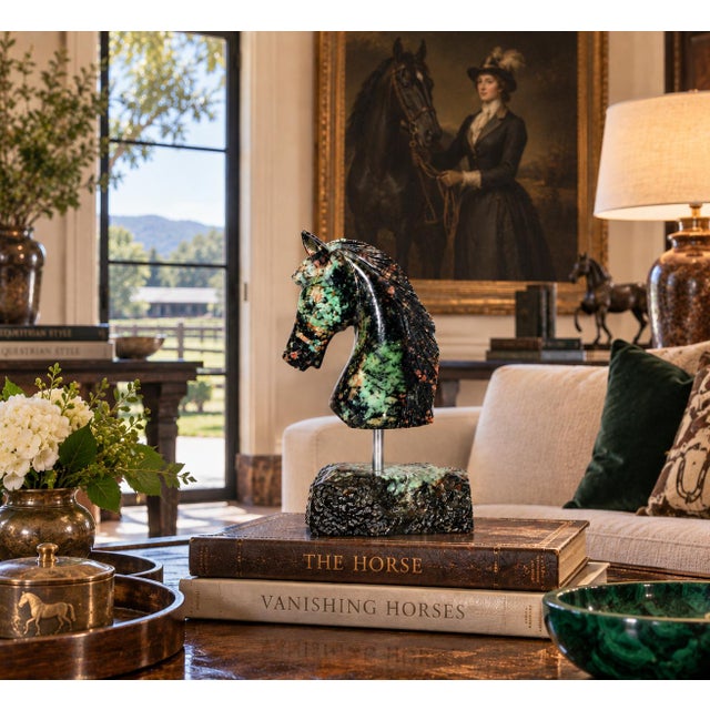 Emerald Horse Bust Statue Hand Carved Gemstone Horse Sculpture 2 For Sale - Image 4 of 12