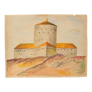 Mid-Century Scandinavian Outsider Folk Art Original Watercolor Painting, Fortress Landscape For Sale