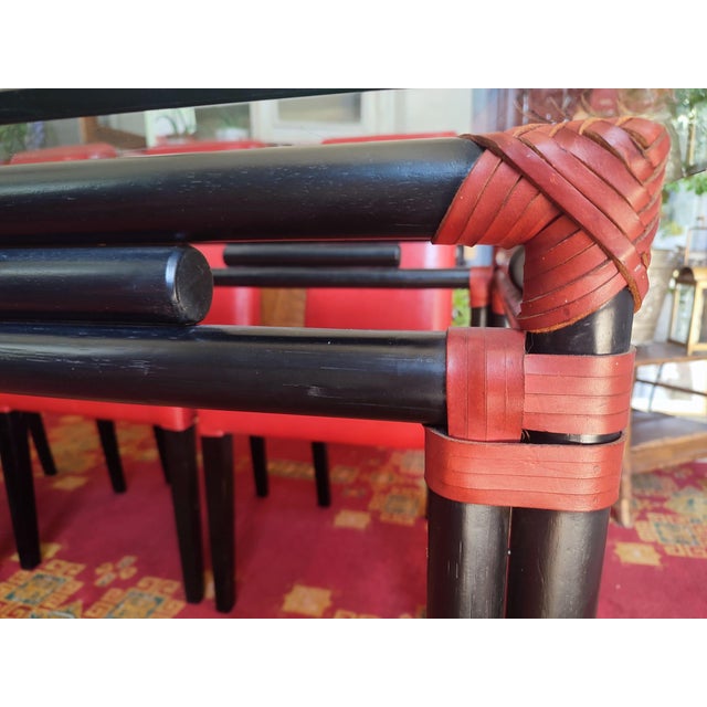 Black Black Lacquered Bamboo-Style Table with Glass Top and Red Leather Woven Straps, 1980s For Sale - Image 8 of 9