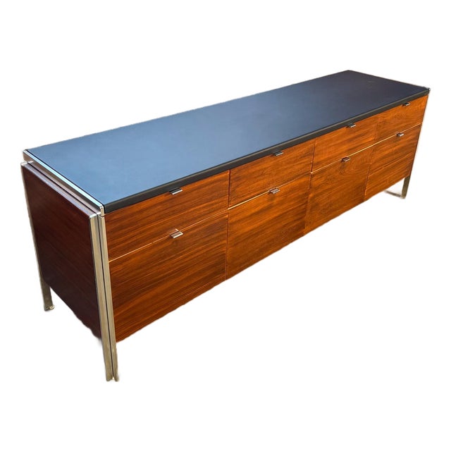 Mid 20th Century Walnut Credenza With Leather Top Attributed to Stow & Davis For Sale