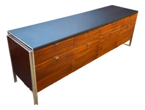 Mid 20th Century Walnut Credenza With Leather Top Attributed to Stow & Davis