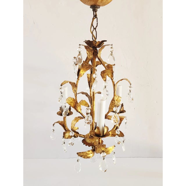 Vintage Italian Gilt Tole Chandelier With Crystal Prisms. For Sale - Image 4 of 11