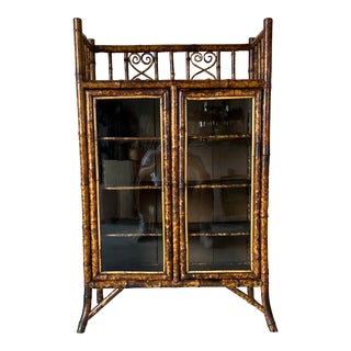 Antique English Tortoise Bamboo Lacquer Chinoiserie Bookcase Display Cabinet For Sale