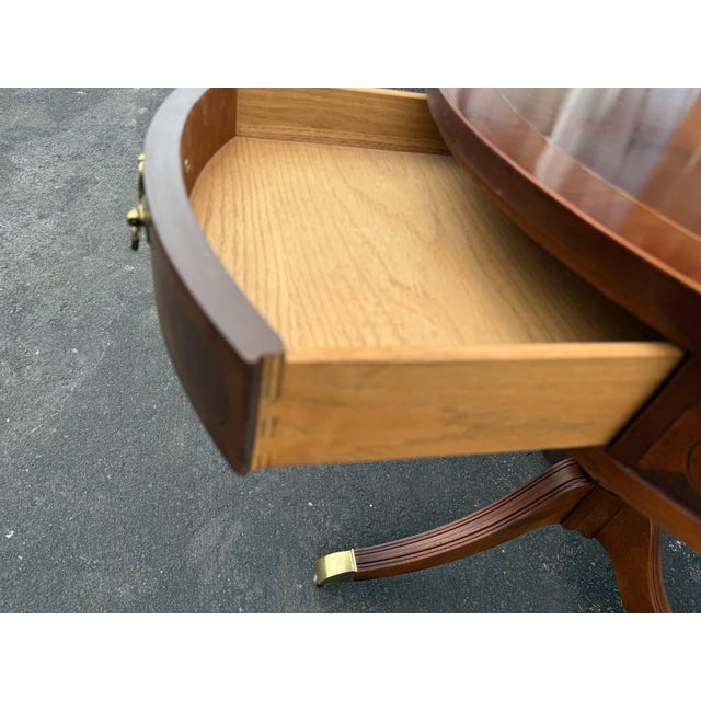 Late 20th Century Baker Furniture Federal Style Inlaid Mahogany Two-Drawer Pedestal Base Drum Table Side Table For Sale - Image 9 of 17