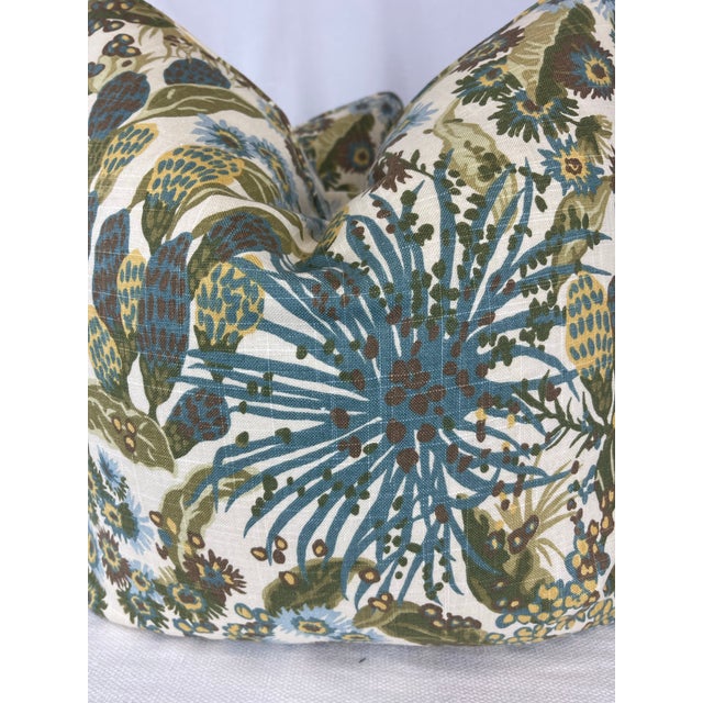 Custom pair of 22" pillows covered in Duralee "Esalen in green linen print. These pillows have tapered corners to prevent...