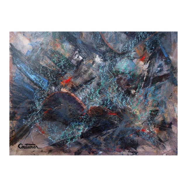 Space Abstract, Mid Century Abstract Expressionism With Grey, Black, Blue, Red by Rene Couturier For Sale