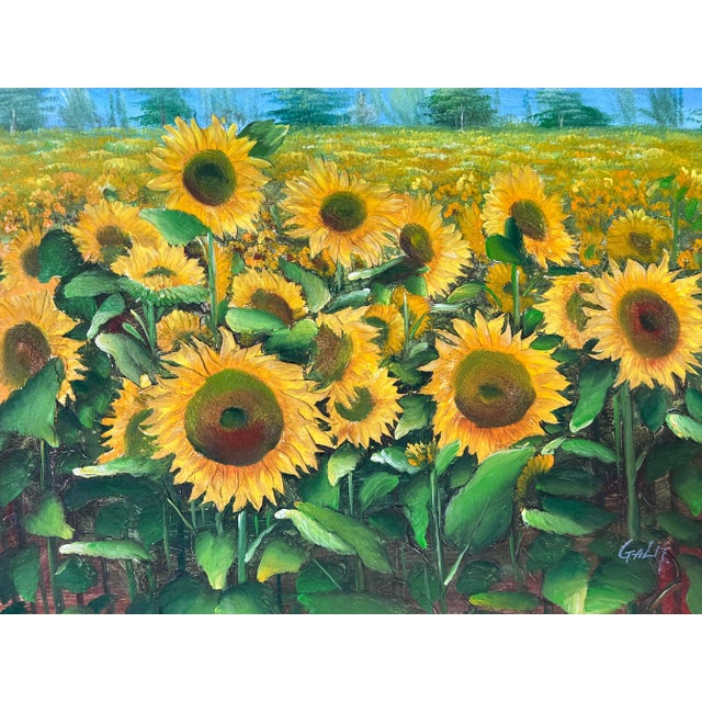70's Vintage Galit Sunflowers Field Landscape Painting For Sale - Image 9 of 13
