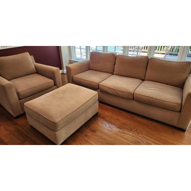 3 piece beige sofa set from Crate and Barrel for sale. I do not know the style. Sofa - 90" wide x 39" deep x 30" tall...