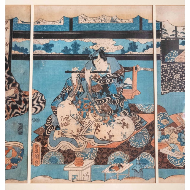Paper 19th Century Japanese Ukiyo-E Woodblock Triptych Print by Utagawa Kunisada, Toyokuni III For Sale - Image 7 of 15