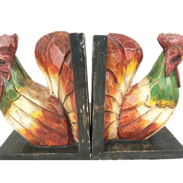 Green 1990s Rooster Matching Bookends Folk Art Pair Hand Carved Wood Polychrome Decor 8" For Sale - Image 8 of 8