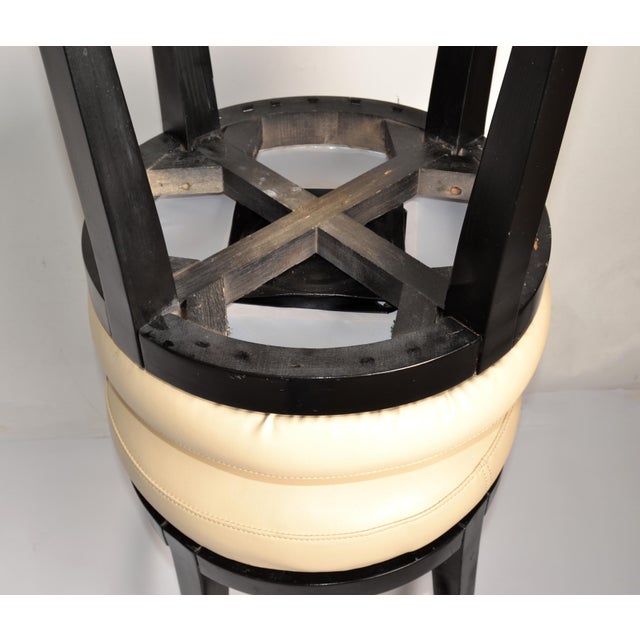 Pair, Vintage Swivel 24 Inch Kitchen Stools Black Wood Tan-Beige Faux Leather Seats For Sale - Image 14 of 16