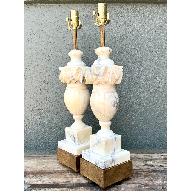 Mid 20th Century Vintage Carved Alabaster Leaves Lamps - A Pair For Sale - Image 5 of 12