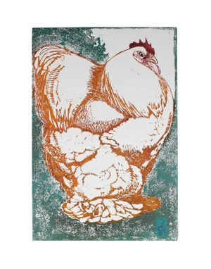 Steve Rogers 2012 Chicken in Orange and Blue Linocut Print 2012