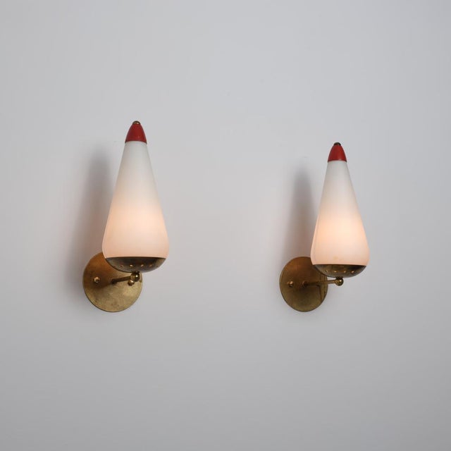 Large Italian Wall Sconces in Brass, Red Metal and Opaline Glass, 1950s, Set of 2 For Sale - Image 11 of 15