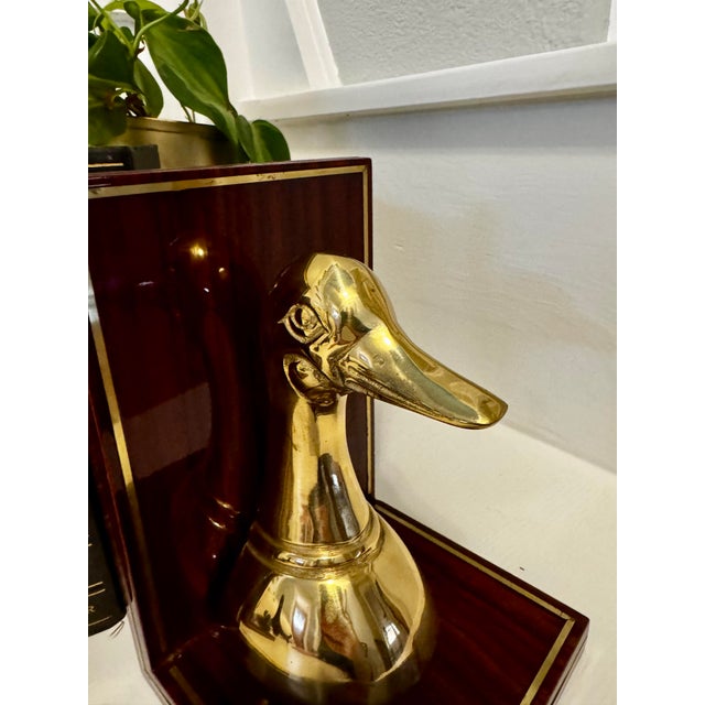 1970s Vintage Brass Duck Head Bookends on Wood Bases For Sale - Image 5 of 5