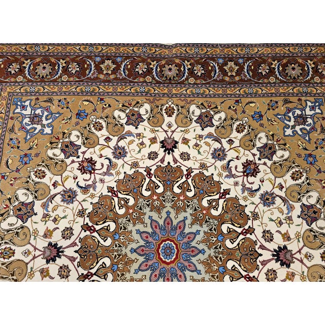 Vintage Persian Tabriz Square Area Rug, Hand-Knotted Wool & Silk, Fine Medallion Floral Pattern, Ivory & Brown, 7x7 For Sale - Image 9 of 16