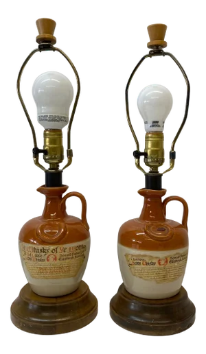 Vintage "Whiskey of Ye Monks" Ceramic Bottle Table Lamps 20th C - a Pair
