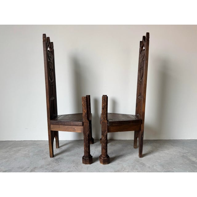 1900 - 1909 Antique Spanish Gothic Revival Carved Wood Throne Chairs – A Pair/ Sold For Sale - Image 5 of 12