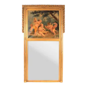 1880's French Gilt Framed Oil Painting Trumeau Mirror