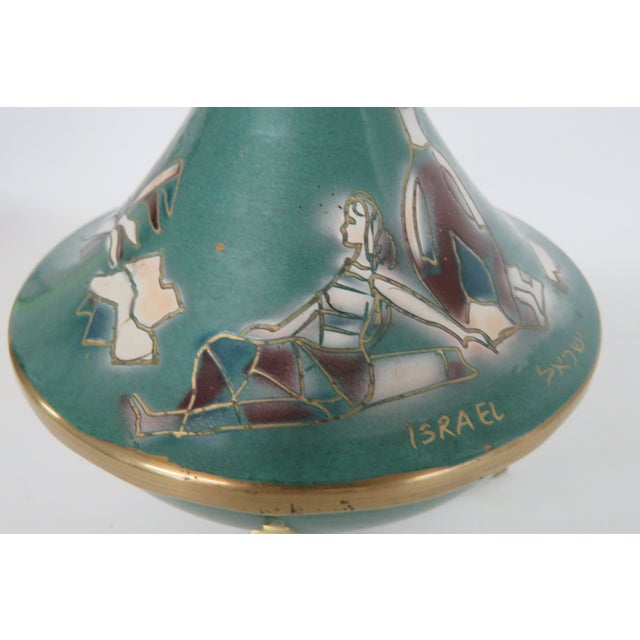 Green Mid Century Green Enameled Brass Tripod Vase Made in Israel Figural Motif 5002b For Sale - Image 8 of 14