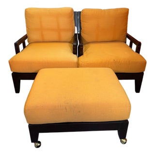 Bernhardt Pair of Lounge Chairs and Ottoman, Dark Wood Frames, Orange Cushions For Sale