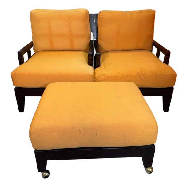Bernhardt Pair of Lounge Chairs and Ottoman, Dark Wood Frames, Orange Cushions For Sale