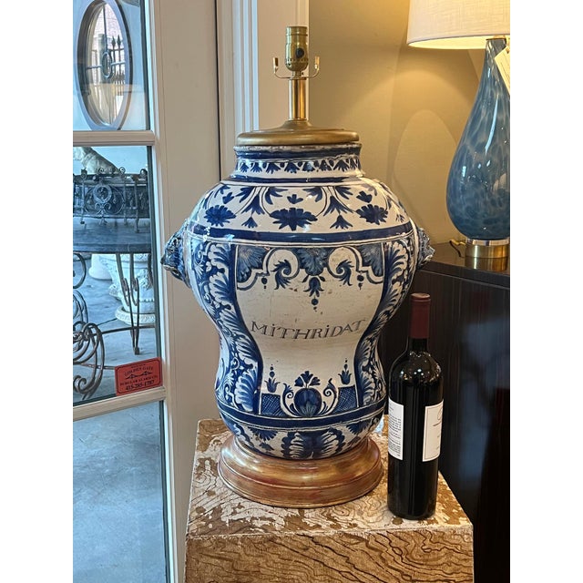 French 18th Century Faience Blue & White Apothecary Jar Now Mounted as a Lamp For Sale - Image 10 of 11
