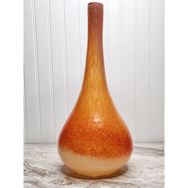 Large Mid-Century Modern Hand-Blown Art Glass Vase Amber, Cream & Aubergine Rim 16” For Sale - Image 4 of 12