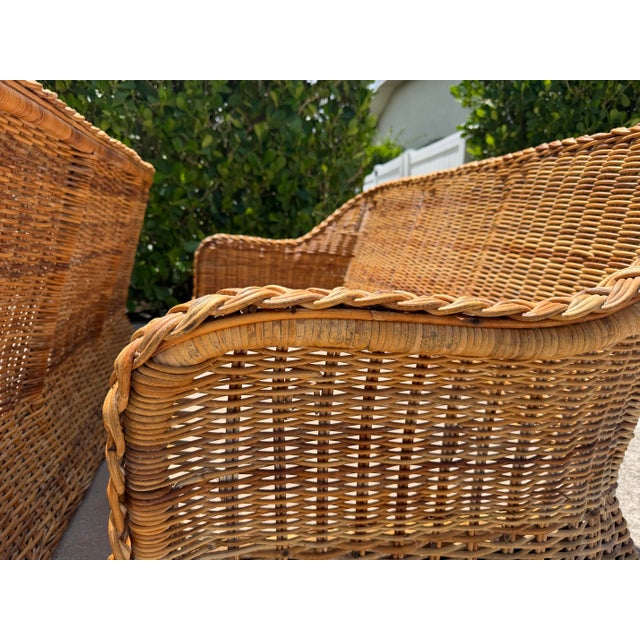 Vintage 72” Handwoven Rattan Sofas With Large Braid Trim, Pair For Sale - Image 9 of 17