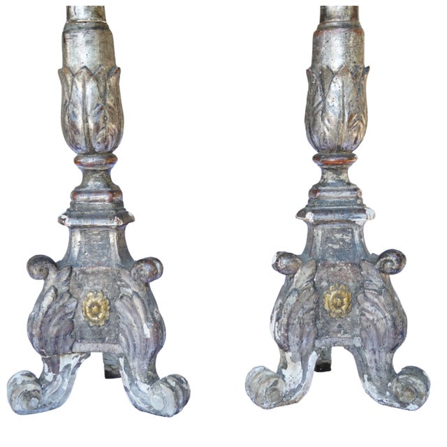 56” Tall Rare Pair of 18th-Century Italian Silvered & Giltwood Ecclesiastical Altar Prickets For Sale - Image 4 of 18