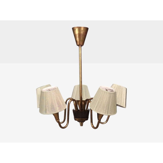 Mid-Century Modern 1950s Swedish Modern, Five Arm Chandelier, Patinated Brass For Sale - Image 3 of 13