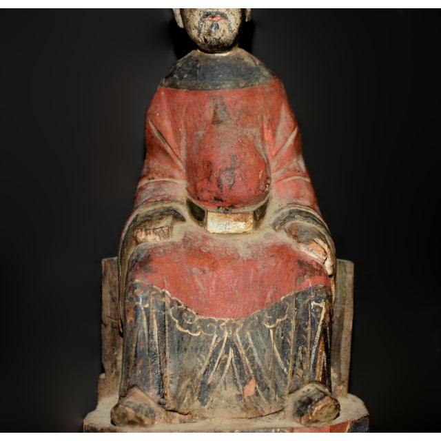 Wood Antique Chinese Figure Ming Official Scholar Hand Painted Wood Statue For Sale - Image 7 of 18