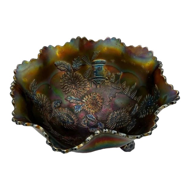 Vintage Fenton Blue Carnival Glass Chrysanthemum & Windmills 3-Footed Bowl For Sale