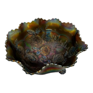 Vintage Fenton Blue Carnival Glass Chrysanthemum & Windmills 3-Footed Bowl