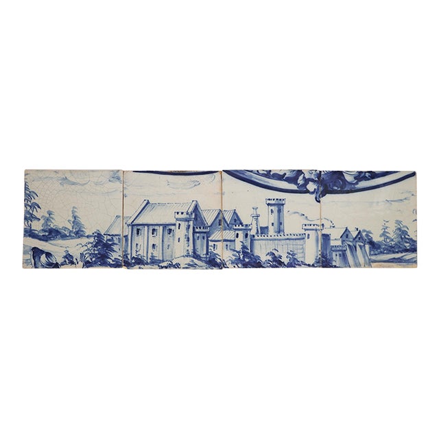 19th Century Set of Four Tiles Depicting a Fortress, Portuguese Baroque For Sale