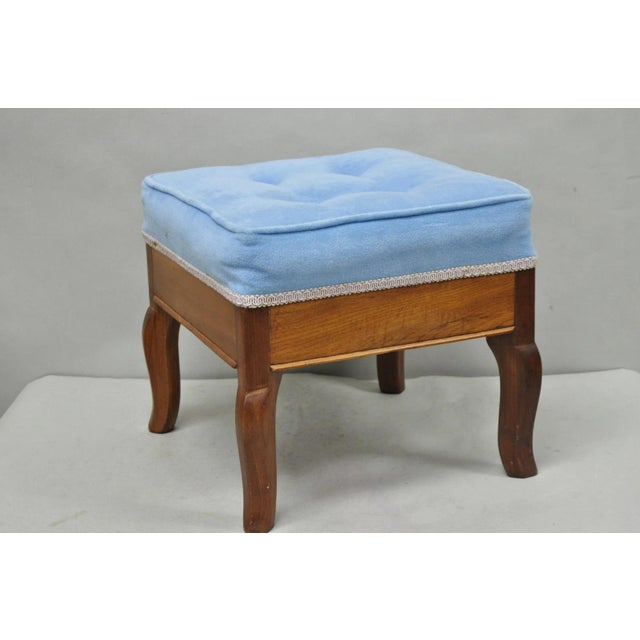 Antique Victorian Walnut Cabriole Leg Blue Tufted Footstool Ottoman Stool For Sale - Image 14 of 15