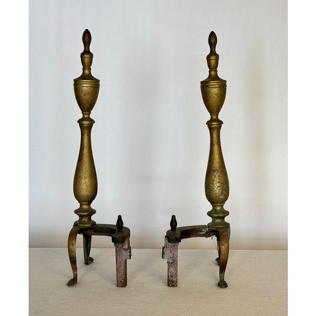1900s Antique Brass Andirons brass, 20 h x 9 w x 5 d. Great patina and good character