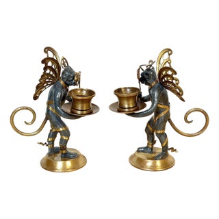 Pair Belle Époque Style Winged Monkey Masquerade Tragedy & Comedy Chambersticks For Sale