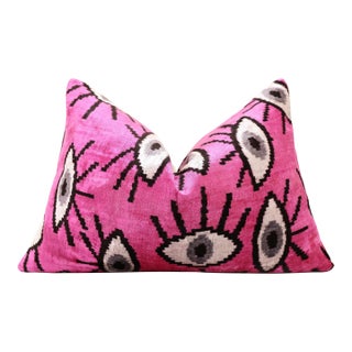 Handmade Velvet Ikat Eye Lumbar Pillow 16x24 | Pink Statement For Sale