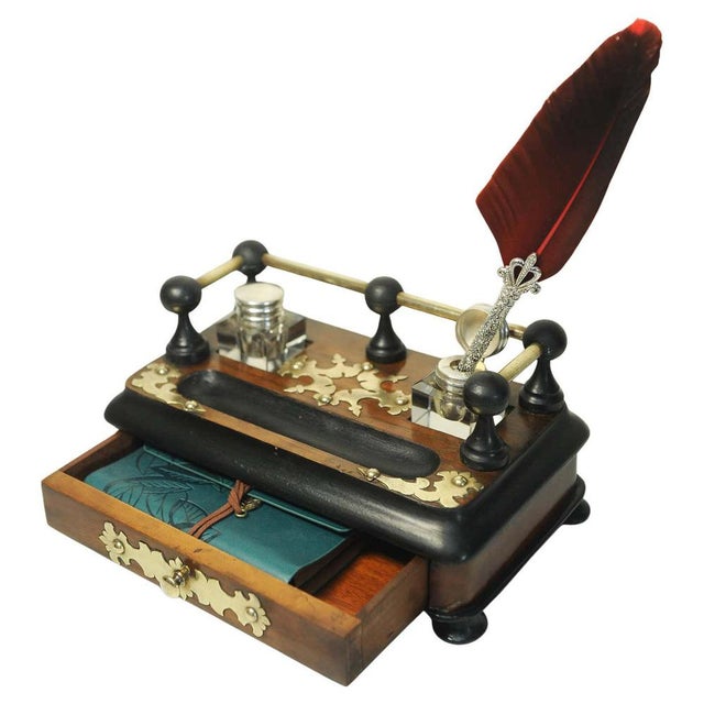 Victorian Ebonised Desk Set with Two Cut Glass Inkwells, Set of 6 For Sale - Image 12 of 13