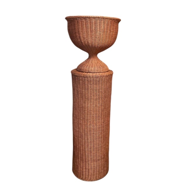 Vintage Mid-Century Woven Wicker Pedestal Urn Planter | Boho Chic Rattan Floor Stand For Sale In West Palm - Image 6 of 12