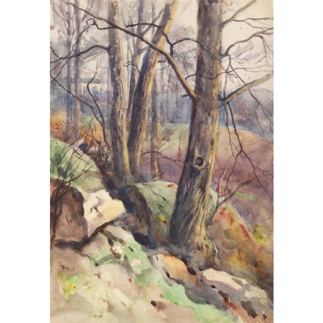 Watercolor on paper by Egbert Cadmus (American, 1868-1939, Connecticut, New Jersey) of a rocky hillside with farmhouse in...