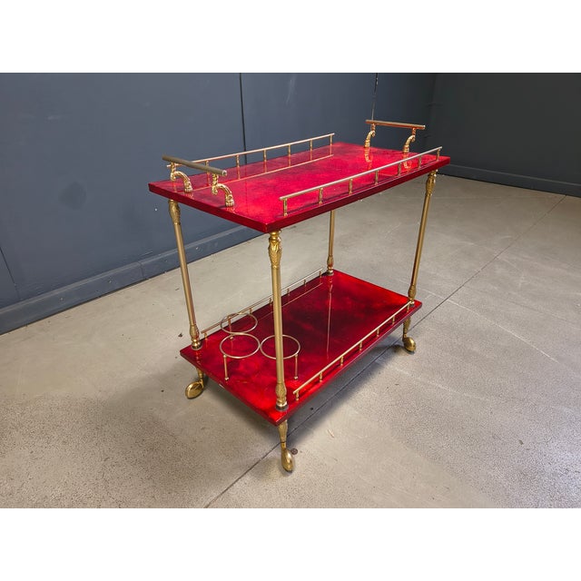 Metal Italian Lacquered Goatskin Parchment Serving Bar Cart by Aldo Tura, 1960s For Sale - Image 7 of 17