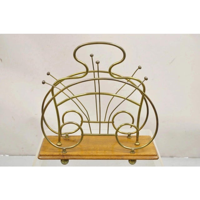 Antique English Victorian Brass and Oak Wood Scrolling Magazine Rack For Sale - Image 11 of 11