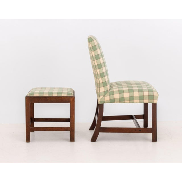 Sage Green and Off-White Checkerboard Linen Upholstered Wood Slipper Chair and Ottoman For Sale In New York - Image 6 of 12