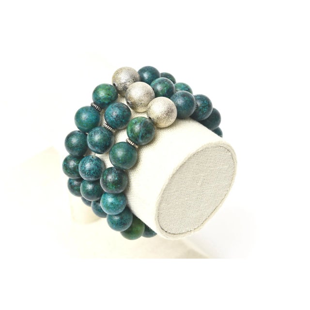 Metal Set of 3 Custom Made Jeweler Turquoise Beaded and Silver Ball Bracelets For Sale - Image 7 of 10