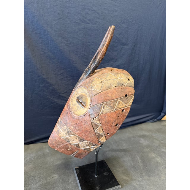 Vintage African Kwele-Style Hand-Carved Wood Antelope Mask on Stand For Sale In West Palm - Image 6 of 8