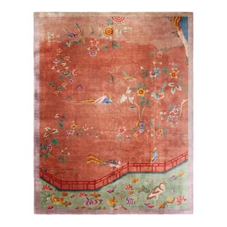 1920s Scenic Coral Antique Chinese Art Deco Bird Knotted Wool Carpet Rug For Sale